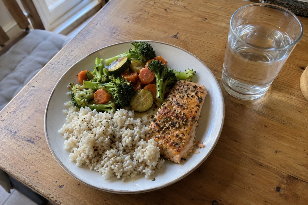 Une assiette du midi avec des légumes, un morceau de poisson et du riz, posée sur la table de la cuisine