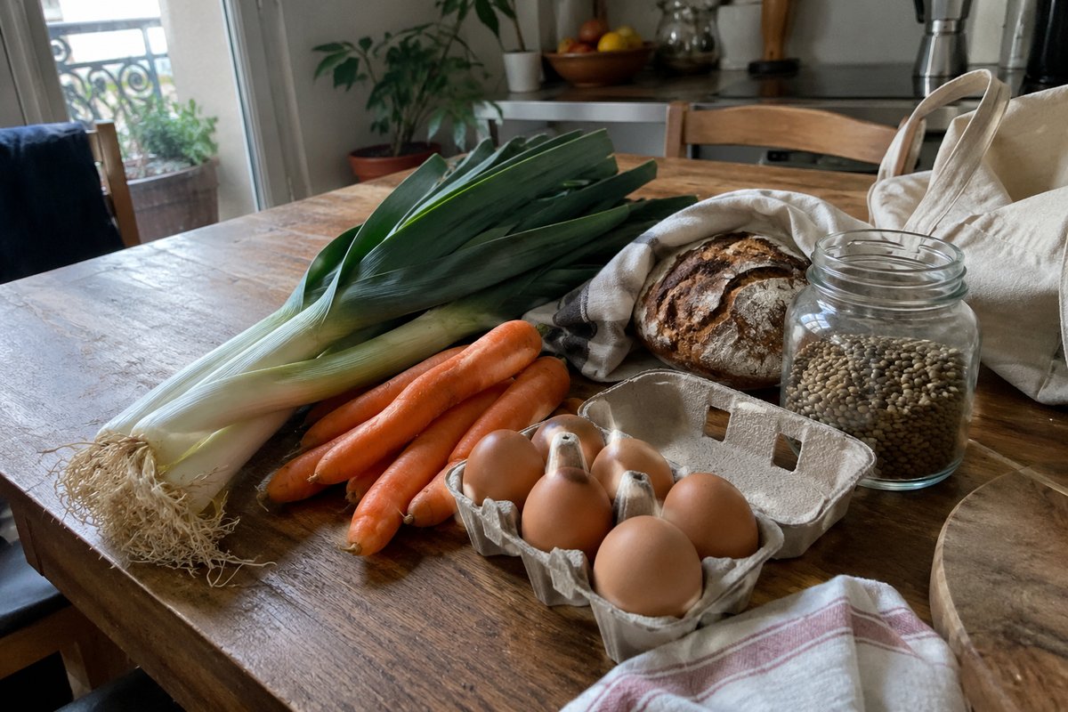 Des courses déballées sur la table de la cuisine : poireaux, carottes, œufs, bocal de lentilles et pain