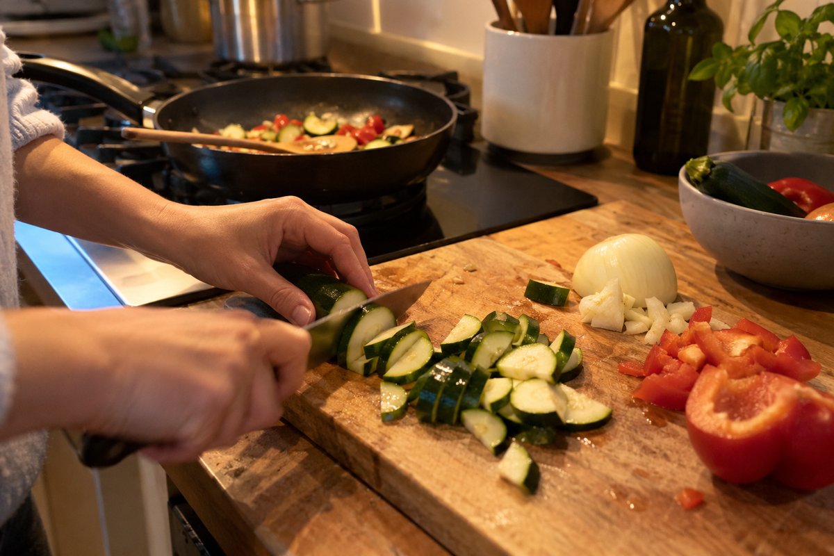Des mains coupent une courgette sur une planche en bois, une poêle de légumes sur le feu