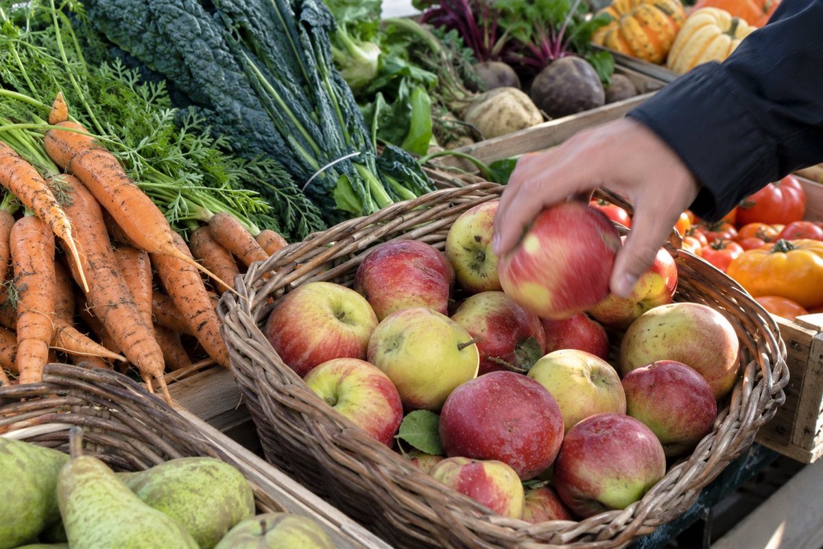 Une main choisit des pommes sur un étal de marché garni de fruits et de légumes
