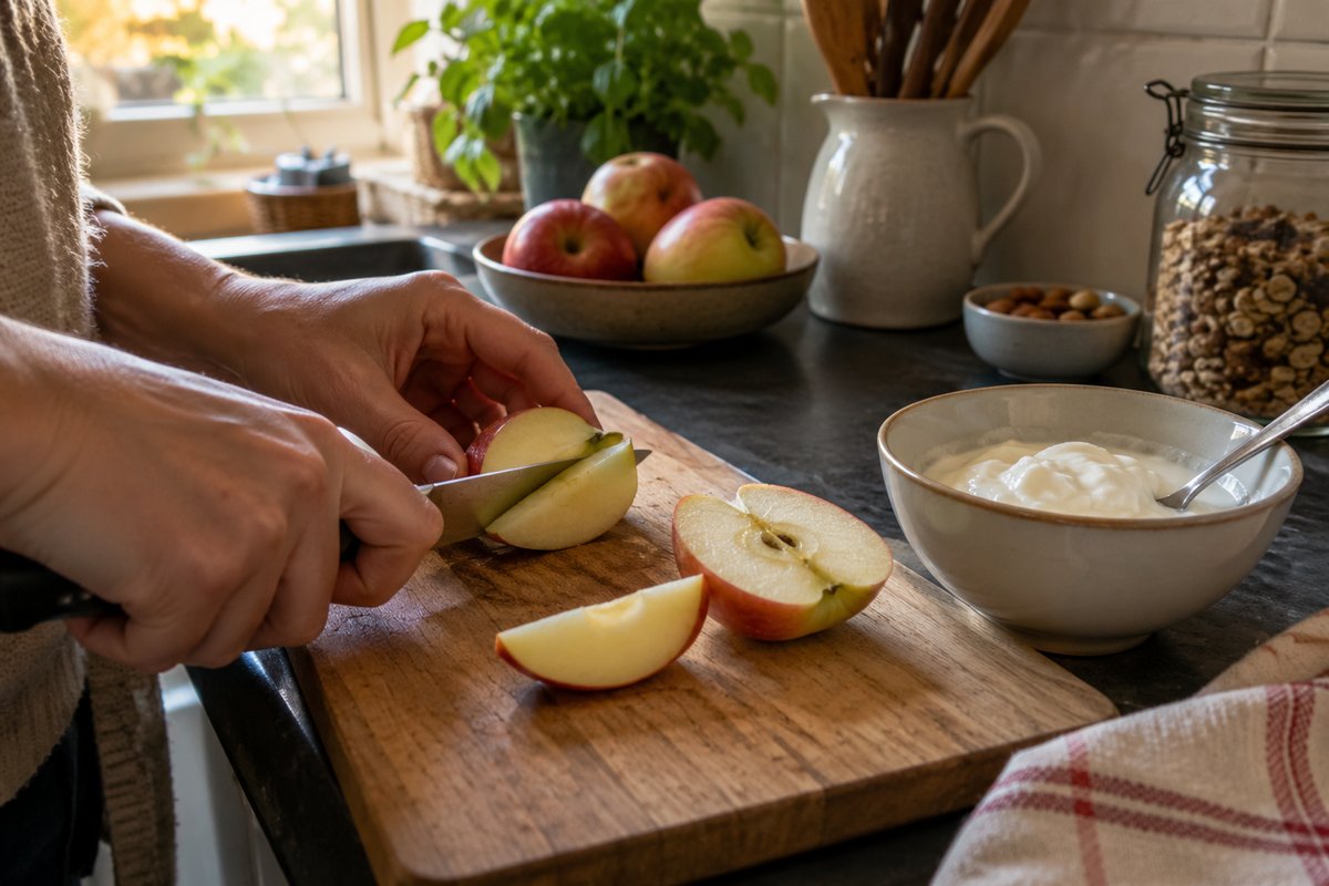 Des mains coupent une pomme à côté d’un bol de yaourt nature sur le plan de travail