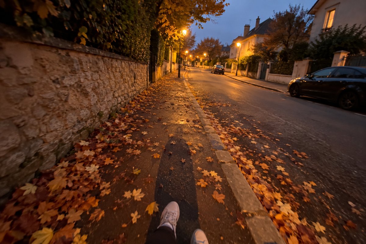 Une rue calme au crépuscule, feuilles mortes sur le trottoir et réverbères qui s’allument