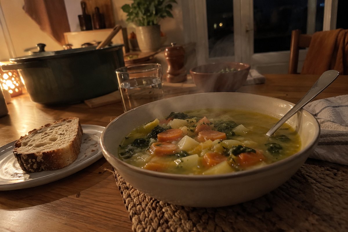 Un bol de soupe de légumes maison fumante et une tranche de pain sur la table, un soir d’hiver