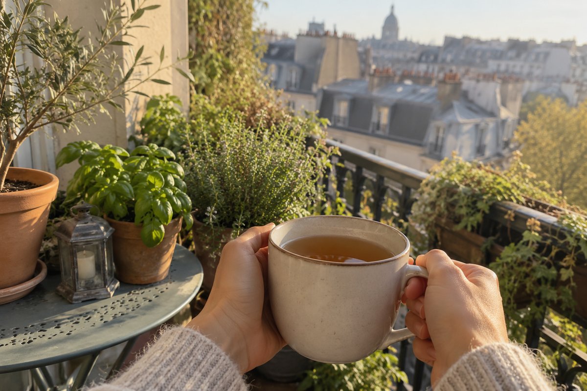 Deux mains autour d’une tasse de thé sur un balcon fleuri, le matin